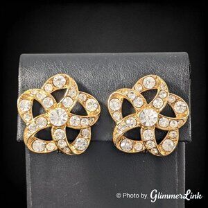 Vintage 1980s Monet Clear Rhinestone Crystal Flower Gold Tone Clip On Earrings